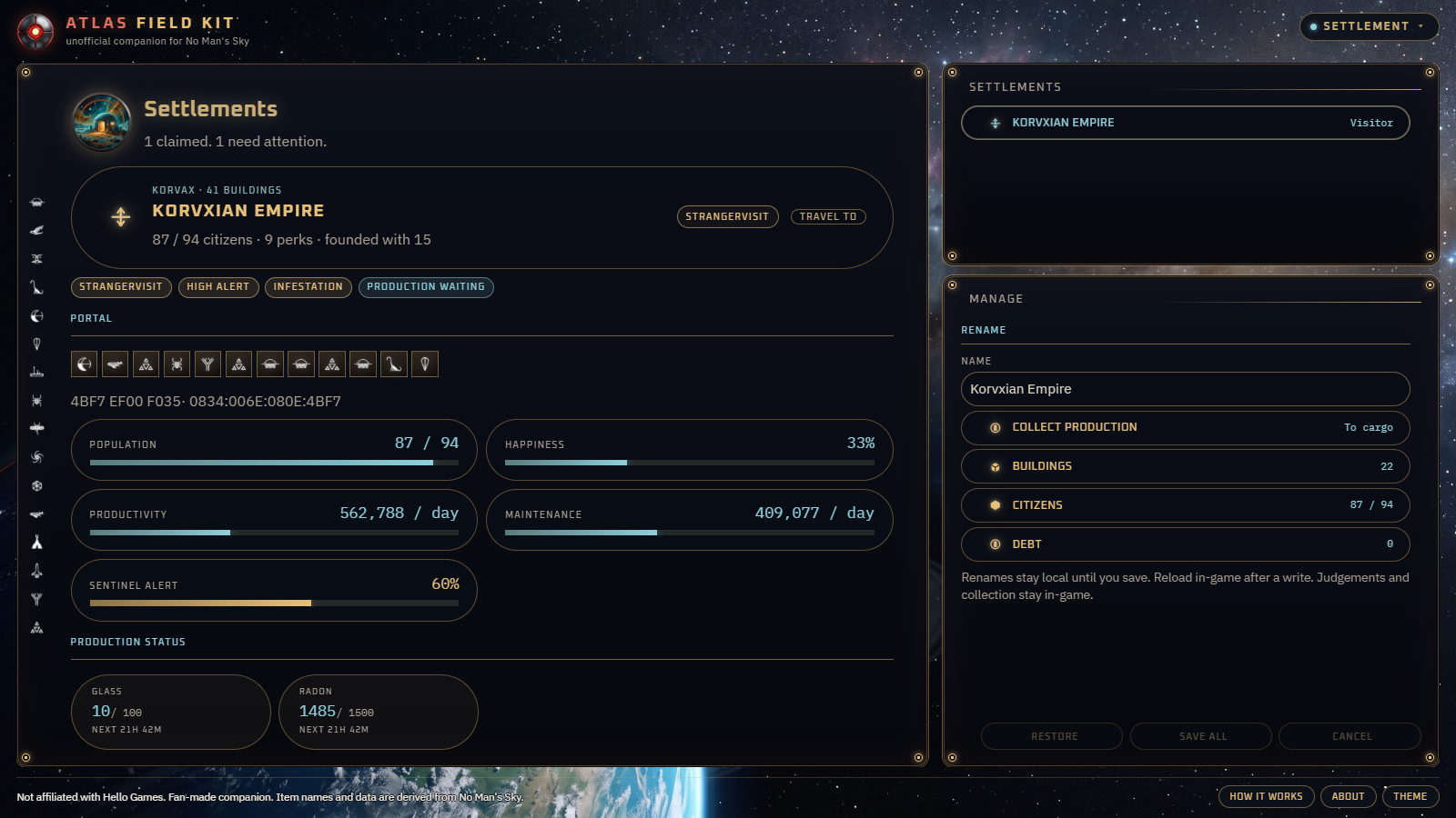 Atlas Field Kit settlement screen, with population, happiness, productivity, and production